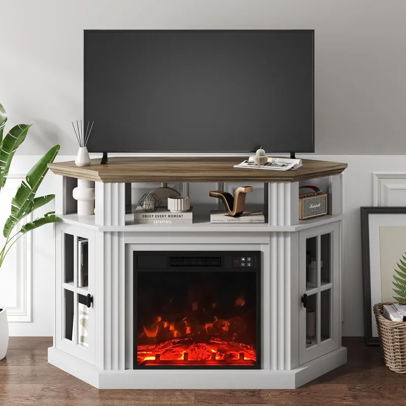 YESHOMY Corner Fireplace TV Stand for Television up to 55 Inch with Storage Cabinets