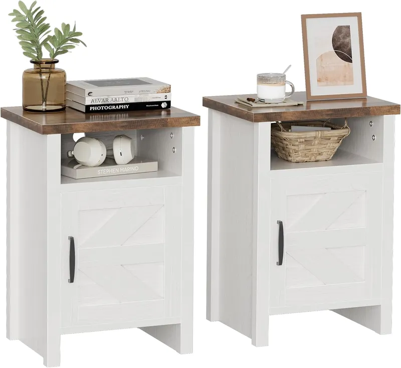 YESHOMY Farmhouse Modern Nightstand with Shelf and Barn Door