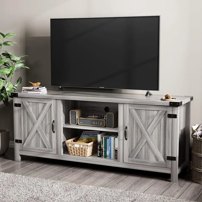 YESHOMY Modern Farmhouse TV Stand with Two Barn Doors and Storage Cabinets for Televisions