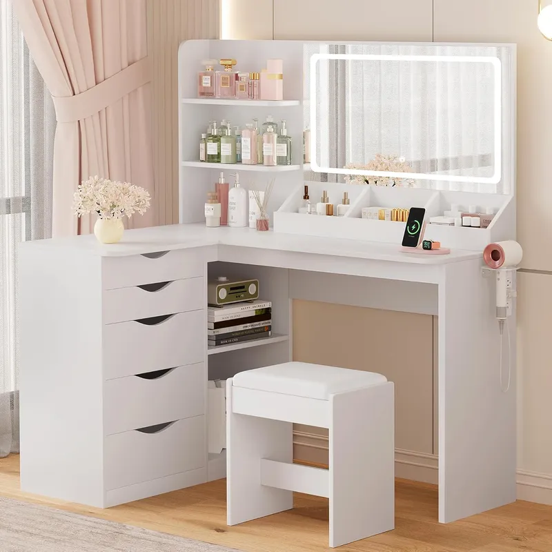 YESHOMY Vanity Desk with Lights and Mirror, L Shaped Makeup Table